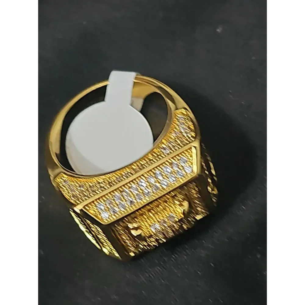 SIZE 9- 23.3m Gold Metal layered Signet Ring Square Pavé w/prong yellow CZs